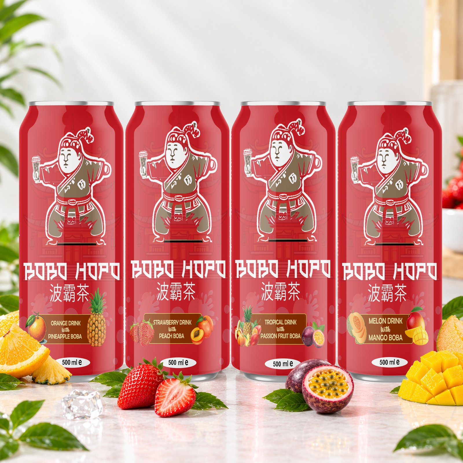 Bobo Hopo 500 ml bubble tea cans in pineapple, peach, passion fruit and mango boba flavours displayed with fresh fruit and ice.